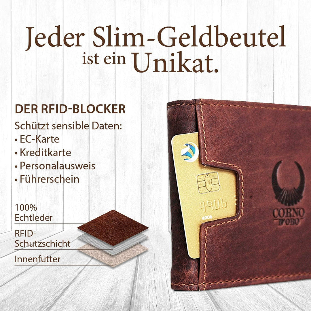 Corno d´ORO Handgefertigte Geldbörse Herren Leder mit Geldklammer I Premium Slim Wallet ohne Münzfac