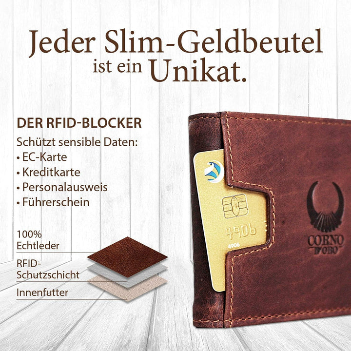 Corno d´ORO Handgefertigte Geldbörse Herren Leder mit Geldklammer I Premium Slim Wallet ohne Münzfac