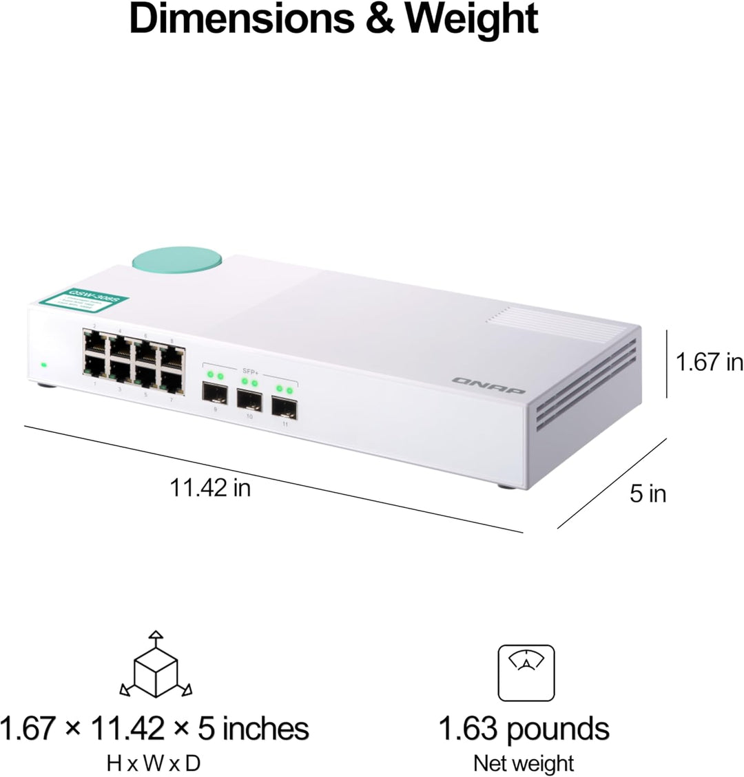 Qnap Qsw-308S-US 10-GbE Switch mit 3-Port 10G TVS-+ und 8-Port Gigabit ungemanaged Switch Standard,