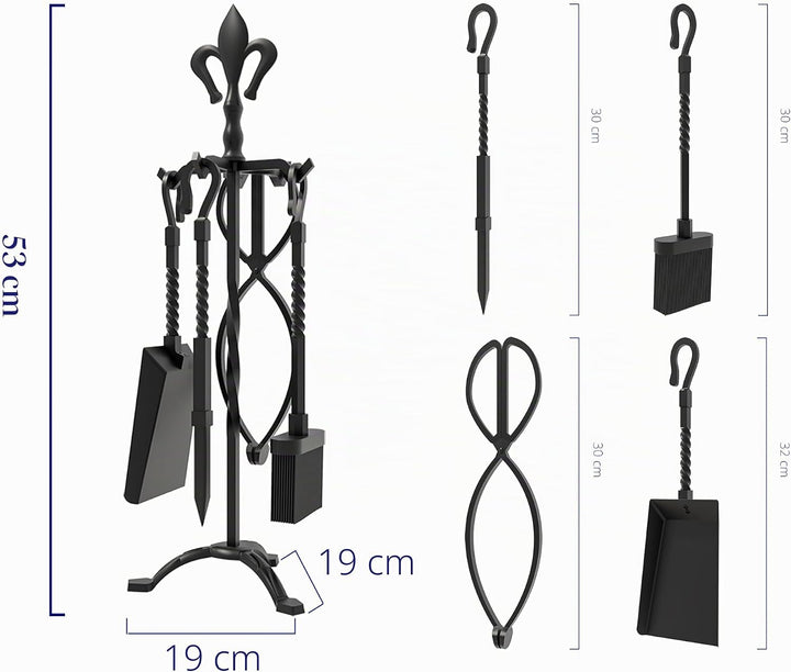 Kingson Kaminbesteck aus Gusseisen 5-teilig - Schwarze Oberfläche - Inklusive Schürhaken, Zange, Bür