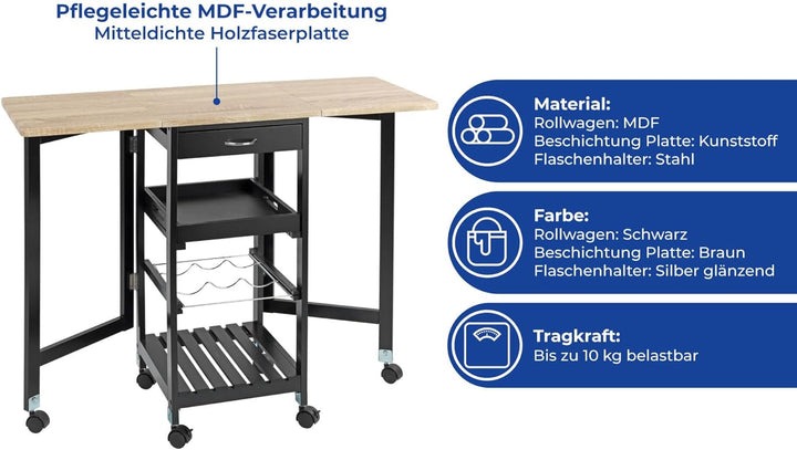 Maximex Küchenwagen mit Rollen 97x77x37cm, rollbarer Servierwagen mit ausklappbaren Seitenteilen & h