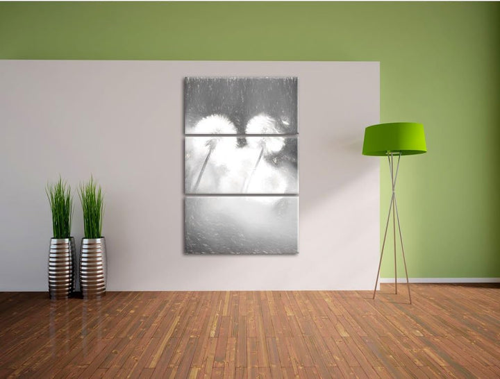 Pixxprint Pusteblumen im morgendlichen Wind Kunst Kohle Effekt 3-Teiler Leinwandbild 120x80 Bild auf