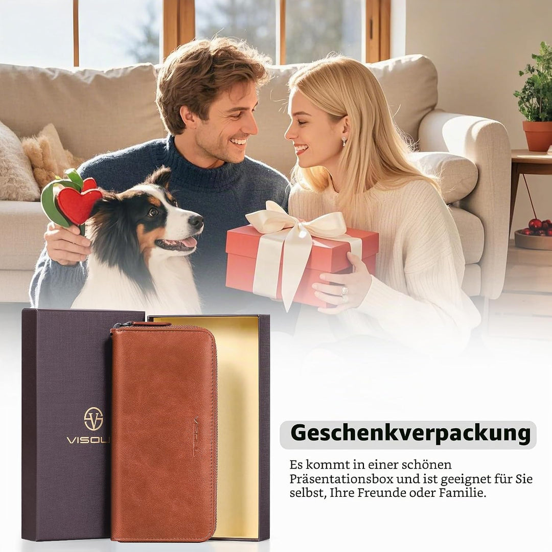 VISOUL Premium Brieftasche Echtleder/Italienisches Leder mit RFID-Schutz, XXL Geldbörse Braun L02, B