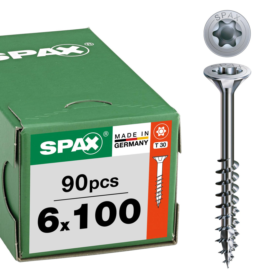 SPAX Universalschraube, 6 x 100 mm, 90 Stück, Teilgewinde, Senkkopf, T-STAR plus T30, 4CUT, WIROX A9