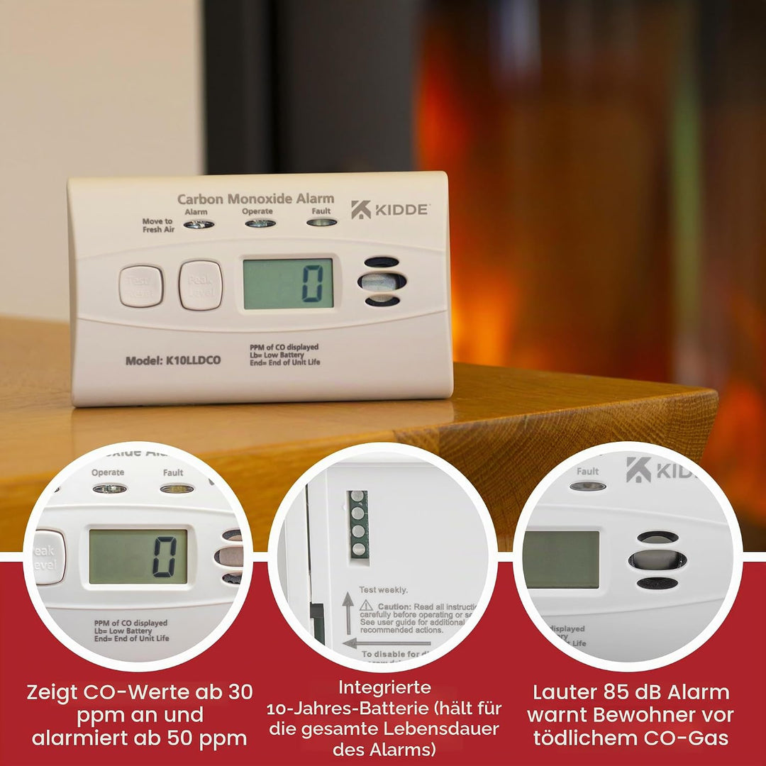 Kidde 10LLDCO Kohlenmonoxid Alarm Digital Display mit versiegelten Akku, Standard Alarm