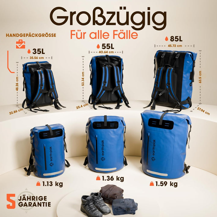 Earth Pak wasserdichter Rucksack – 35L / 55L Waterproof Backpack mit leistungsstarkem Rolltop Rollve