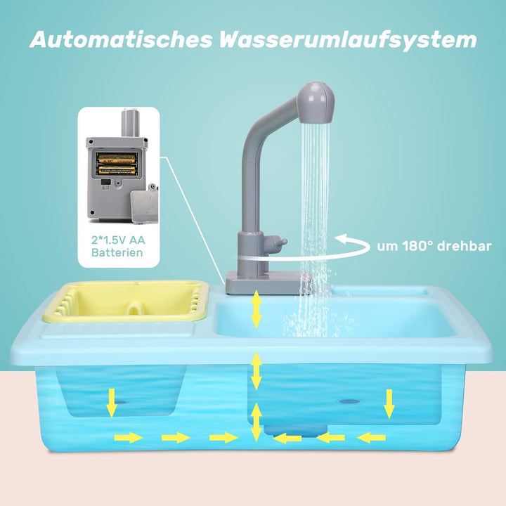 cute stone Küchenspüle Spielzeug Set mit warmbarem Wasser-Recycling Wasserhahn und Waschbecken, Wärm