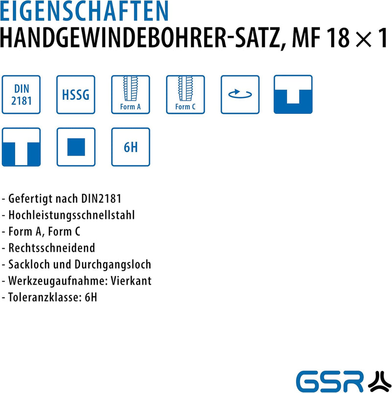 GSR PROFI Gewindebohrer M18x1 Satz HSSG 2 teilig, Vorschneider, Fertigschneider | Gewindeschneider |