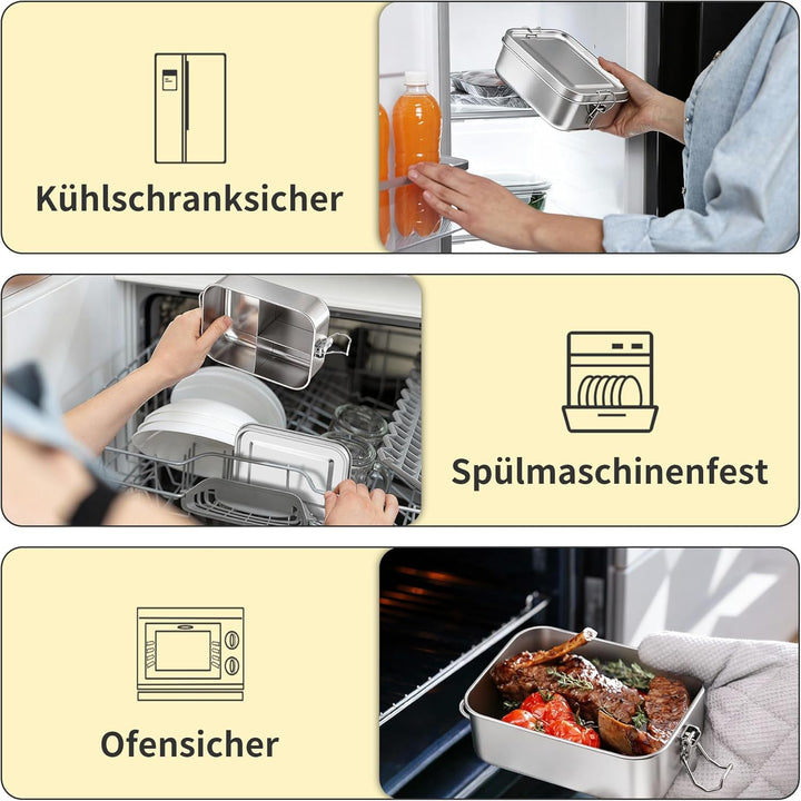Onader Edelstahl Brotdose mit Fächern, 2400ml Gross Bento Box Lunchbox mit Abnehmbar Trennwand, Meta