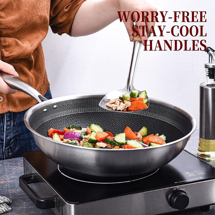 LOLYKITCH Hybrid Wokpfanne 26 cm mit Deckel, Wok Edelstahlpfanne mit Antihaft-Wabenstruktur, Für Ind