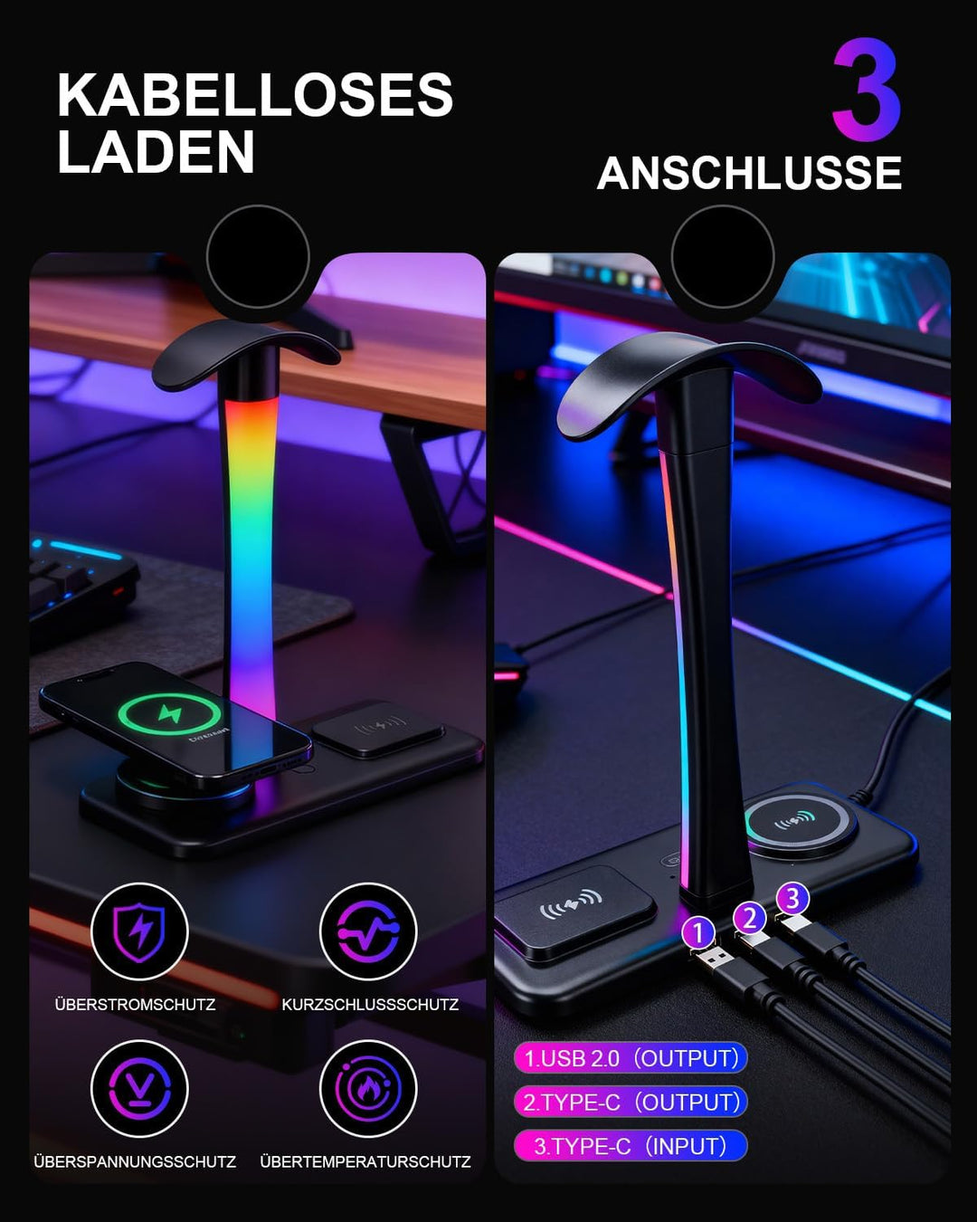 3 in 1 RGB Gaming Kopfhörerständer mit 15W kabellosem Ladegerät Wireless Charging, Headset Halterung