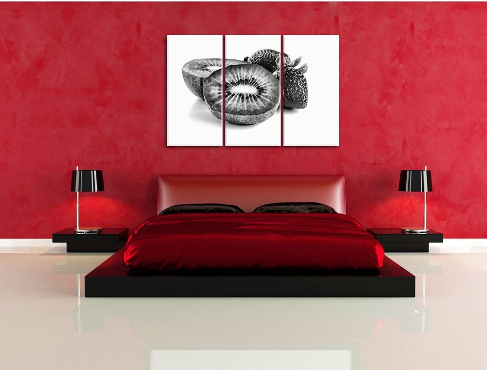 Pixxprint Monocrome, Kiwi und Erdbeeren 3-Teiler Leinwandbild 120x80 Bild auf Leinwand
