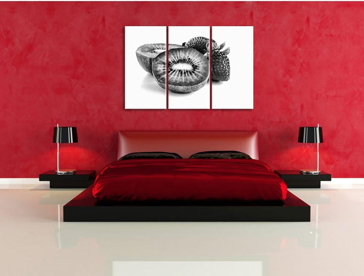 Pixxprint Monocrome, Kiwi und Erdbeeren 3-Teiler Leinwandbild 120x80 Bild auf Leinwand