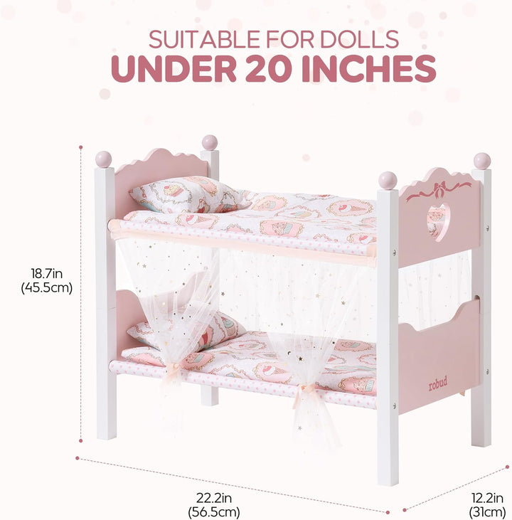 ROBUD Holzpuppen-Etagenbett, 2-in-1-Convertible Puppenbett mit Bettwäsche, Baldachin Vorhänge &amp; Herz