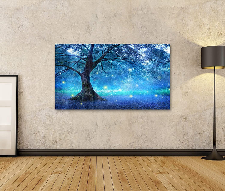 islandburner Bild auf Leinwand Baum Im Mystischem Wald Blau Bilder Wandbilder Poster Leinwand 100x57