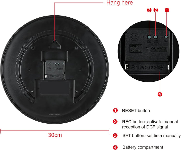 Lafocuse Funk Wanduhr Lautlos 30cm, Modern Funkuhr Hohe Genauigkeit, Schwarz Einfach zu Lesen Wanduh