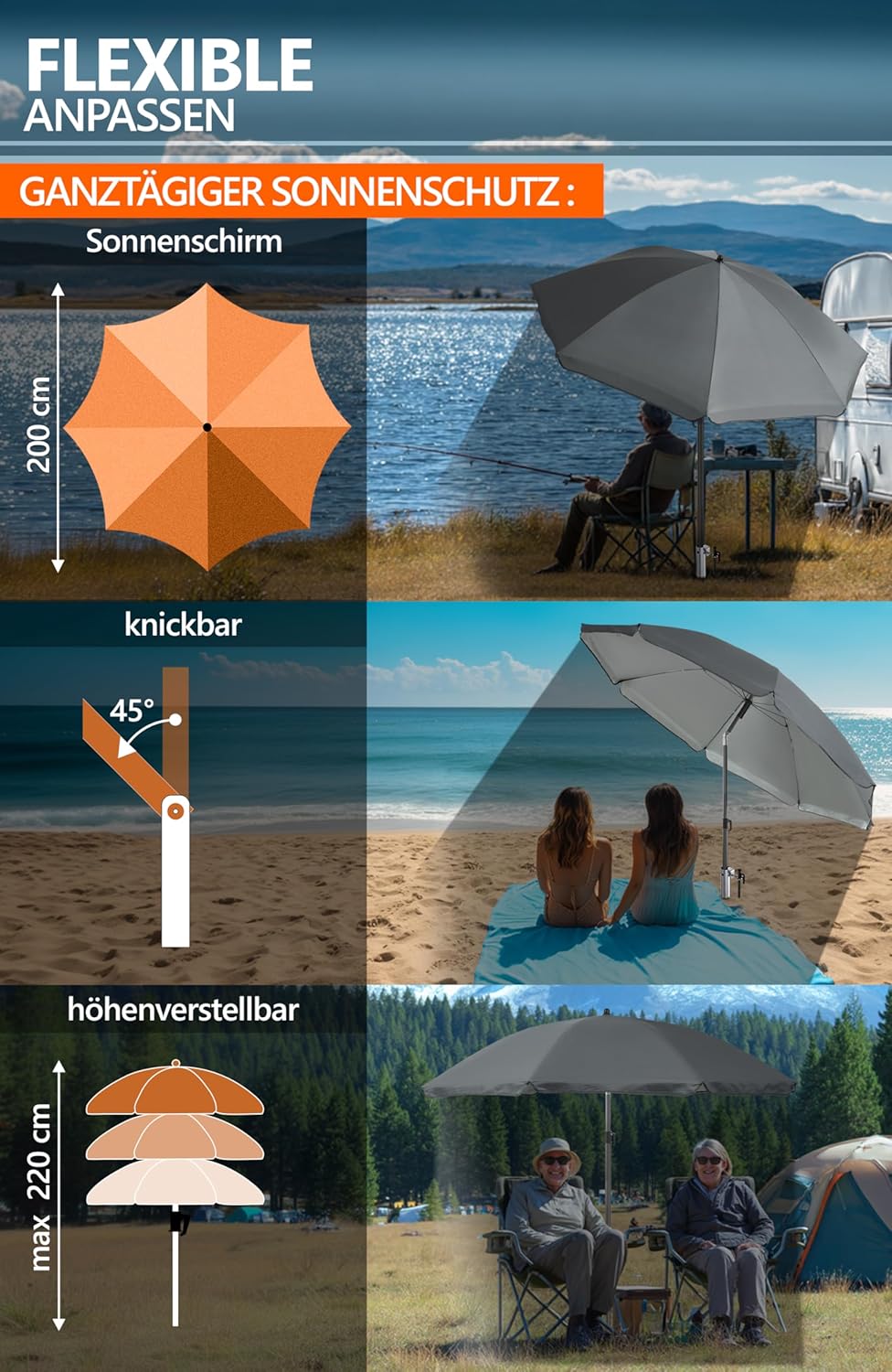 4smile Sonnenschirm Strand Ø 200 cm SET mit Eindrehbodenhülse, Anthrazit | Strandschirm Windfest Sta