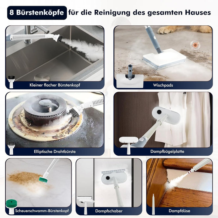 10-in-1 Dampfreiniger, 1500W Steam Mop mit abnehmbarem Handgerät, 350-ml Wassertank, 10-Sekunden Auf
