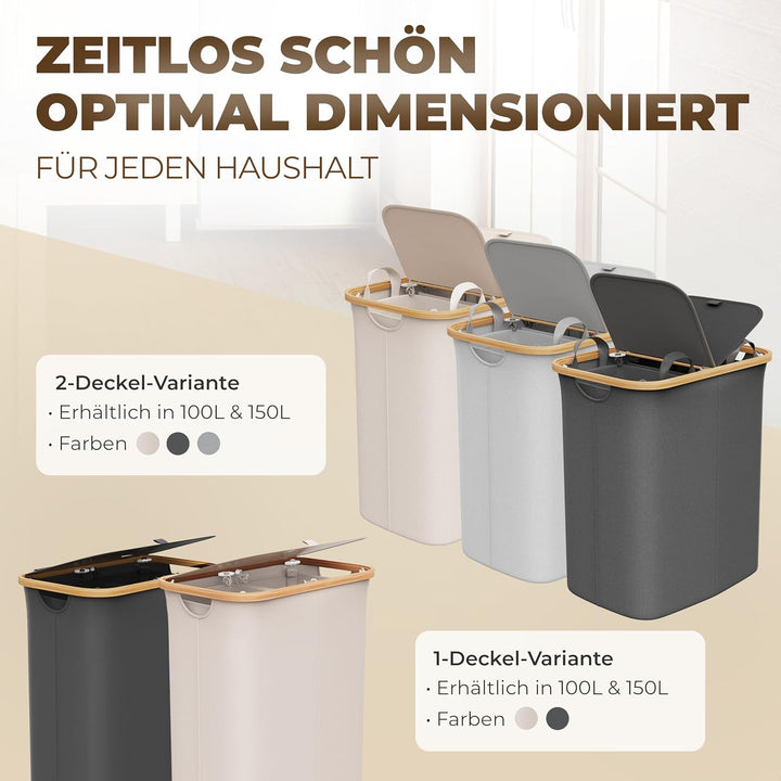 Wäschekorb 2 Fächer mit Deckel 150 Liter Bambus-Stoff Hell Grau Gross - Wäschesortierer Wäschetonne