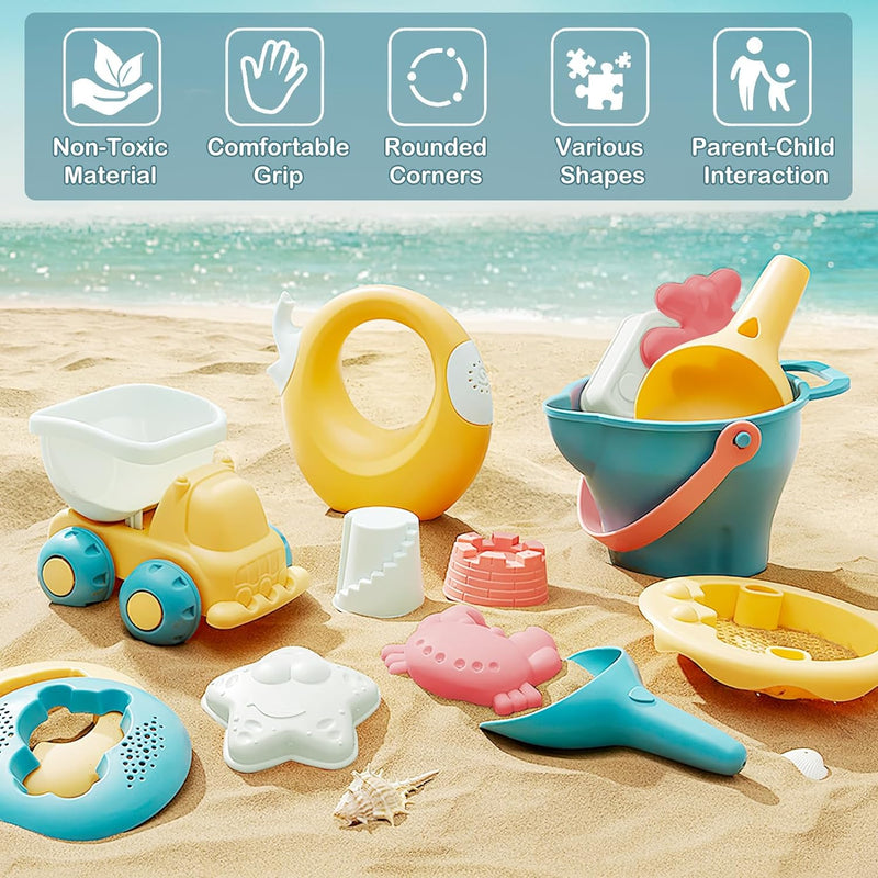 deAO Sandspielzeug Set, 18 Teilig Strandspielzeug Enthält Wasserrad, Strandbuggy, Eimer, Netzbeutel,