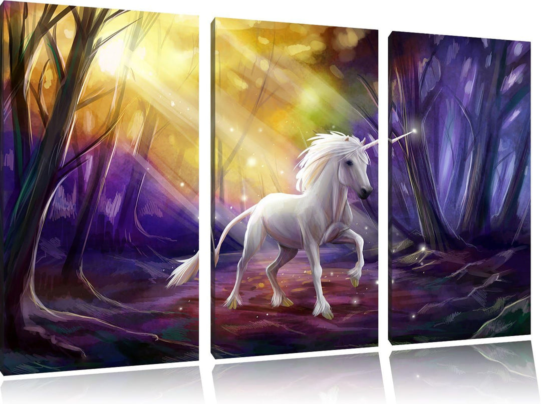 Pixxprint Einhorn im Märchenwald als Leinwandbild | Grösse: 3 Teilig (120x80) | Wandbild| Kunstdruck