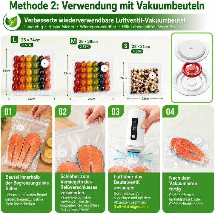Vakuumierer für Gläser und Beutel, Elektrischer Vakuumierer mit 10 65-100 mm Silikondeckel + 8 wiede