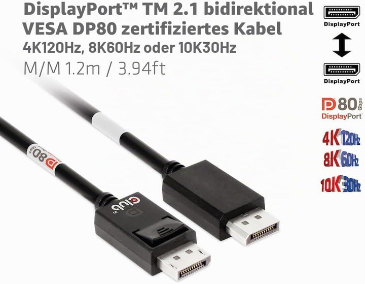 Club3D CAC-1091 DisplayPort™ 2.1 Bi-Direktionales VESA DP80 zertifiziertes Kabel 4K120Hz, 8K60Hz ode