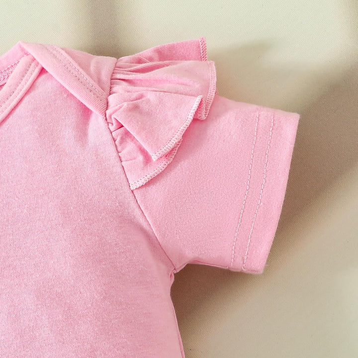 Baby Outfits für Mädchen mit Herz Print kurzärmelig Strampler Hosenträgerrock Bären Kleid Schleife S