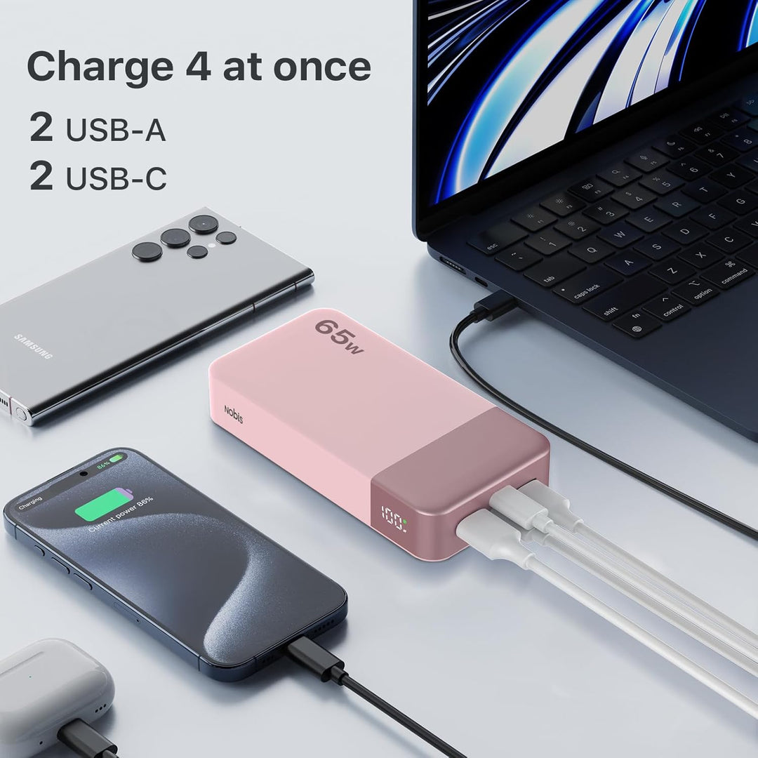 NOBIS Powerbank 20000mAh, 65W Schnellladung Power Bank, Tragbarer Ladegerät mit Digitalanzeige, Dual
