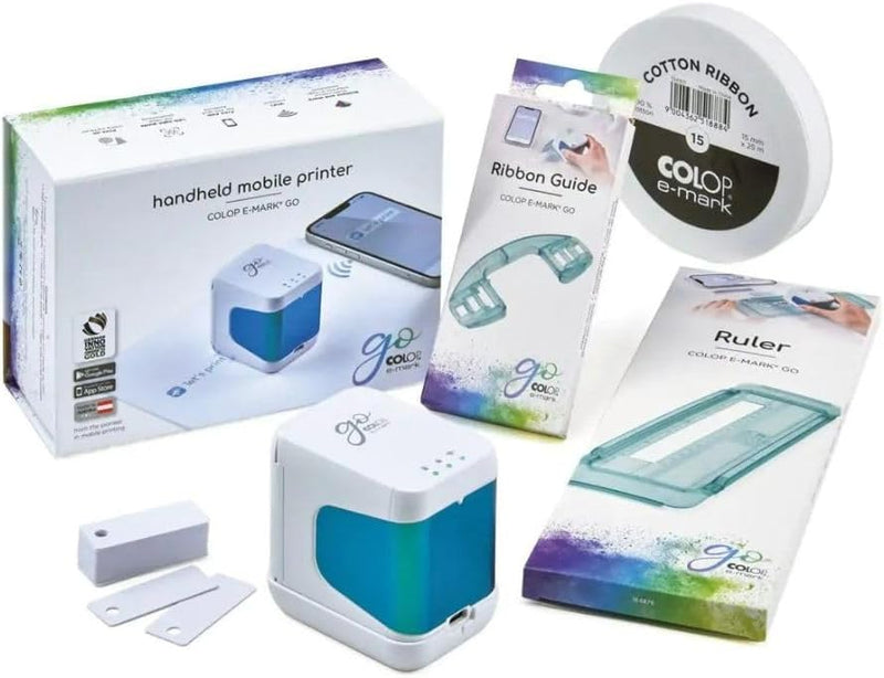 Colop e-Mark go Set. Bestehend aus dem mobilen Drucker e-Mark GO, Lineal, Führungsschiene für Bänder