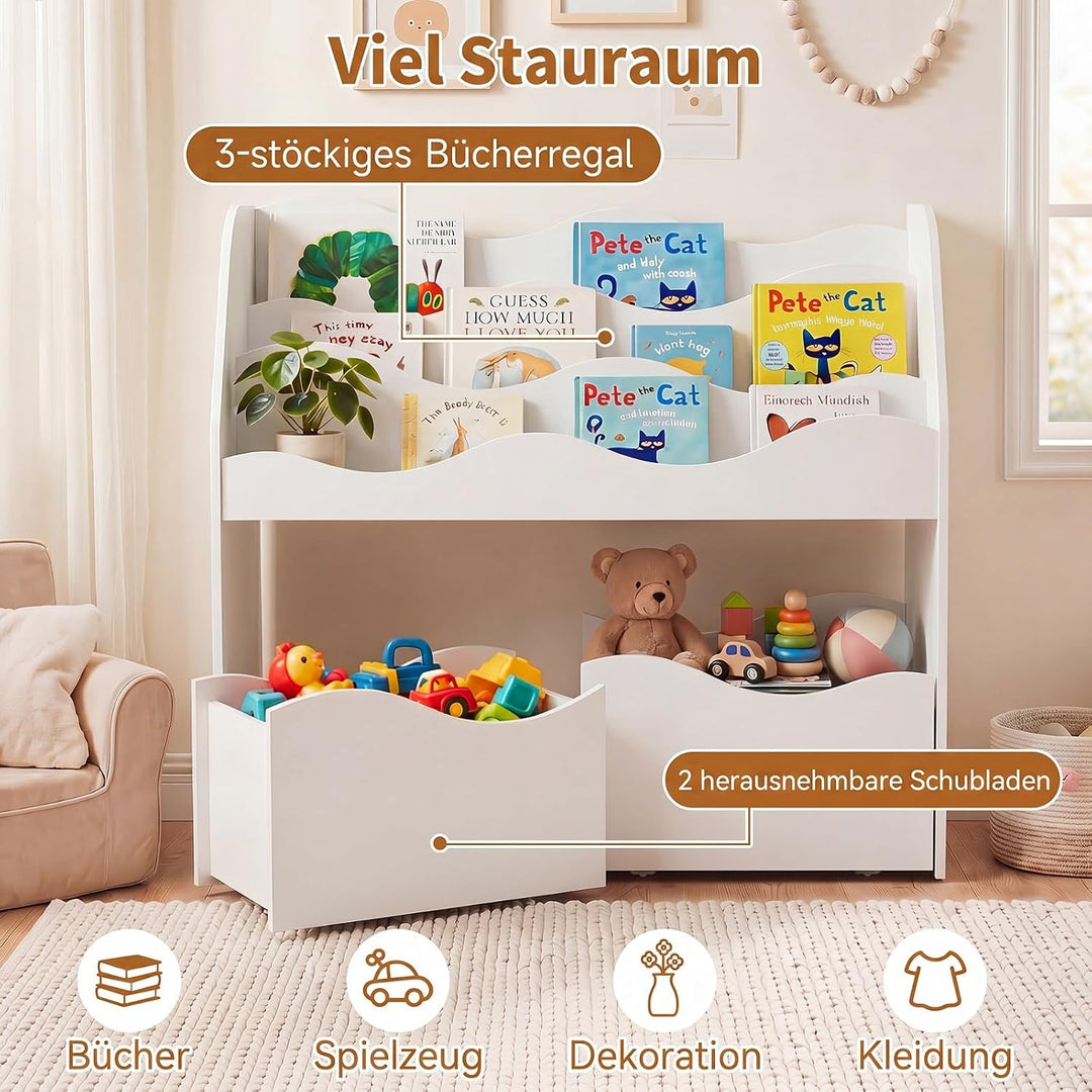 COSTWAY Kinderregal mit 2 Boxen auf Rollen (Weiss) | Bücherregal Kinder mit 3 wellenförmigen Ebenen,