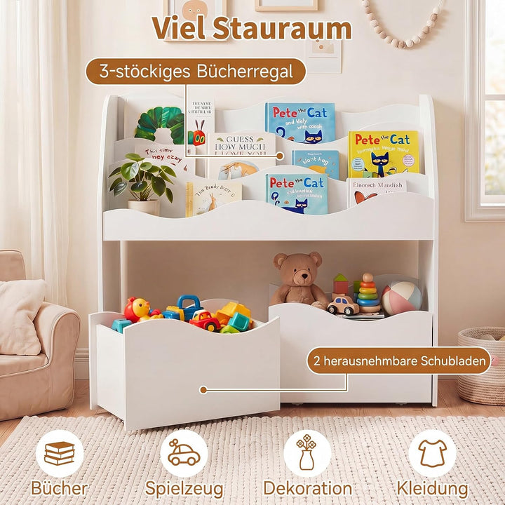 COSTWAY Kinderregal mit 2 Boxen auf Rollen (Weiss) | Bücherregal Kinder mit 3 wellenförmigen Ebenen,