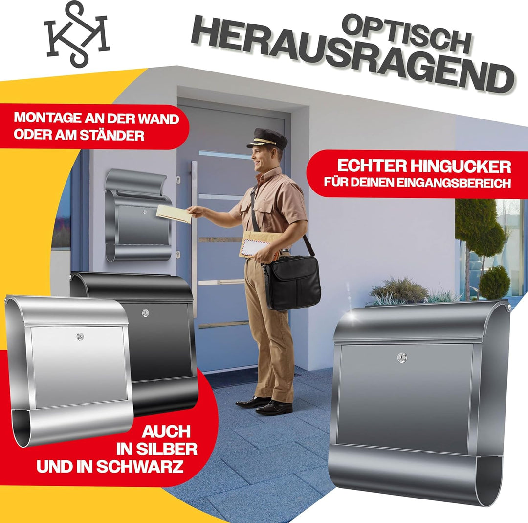 KESSER® Briefkasten XXL Edelstahl Anthrazit, Wandbriefkasten mit Zeitungsfach abschliessbar mit 3 Sc