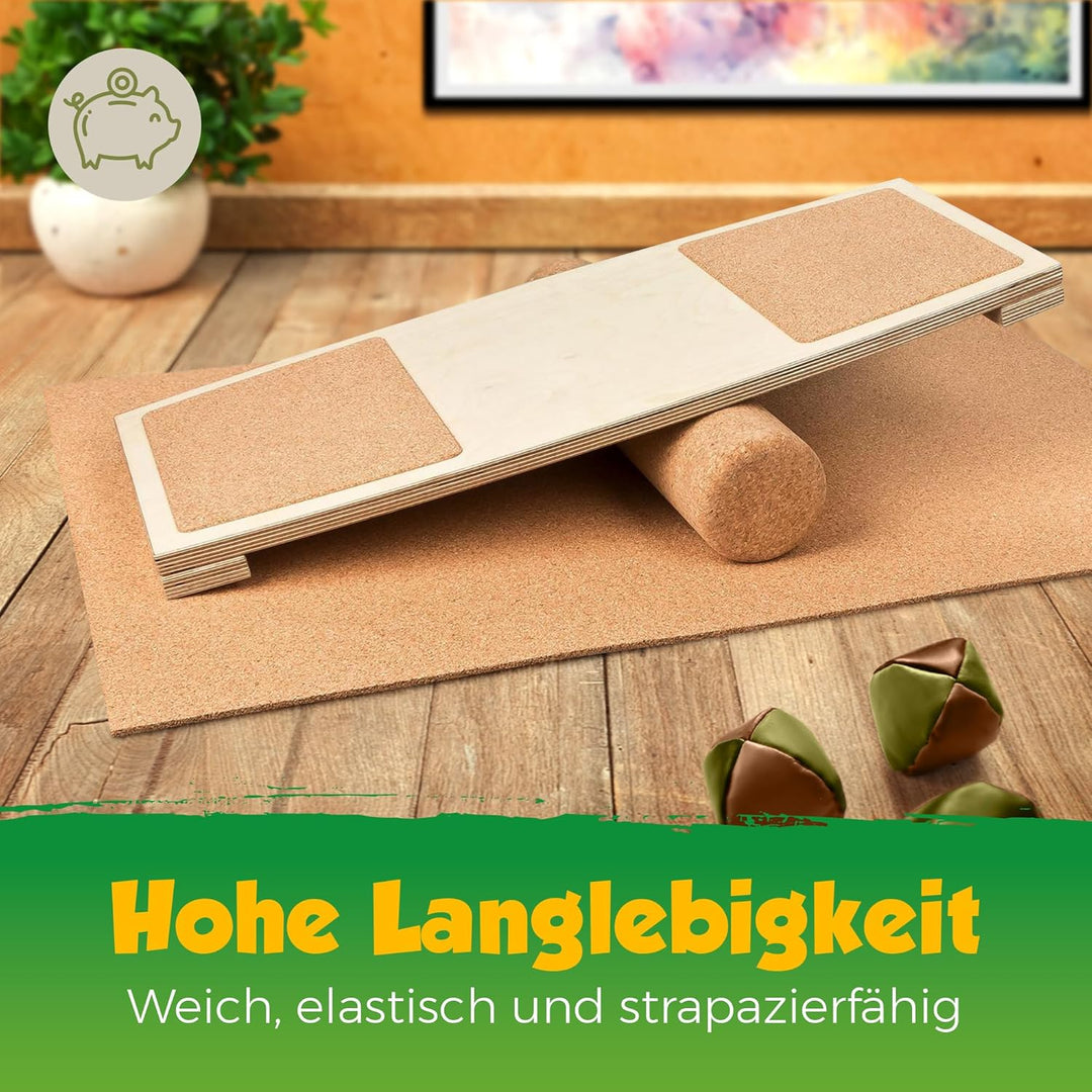 Balance-Board mit Korkpads & Korkrolle | 70 x 30 cm | Gleichgewichtsbrett | Wackel-Brett | Koordinat