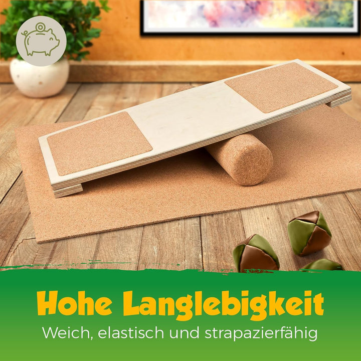 Balance-Board mit Korkpads & Korkrolle | 70 x 30 cm | Gleichgewichtsbrett | Wackel-Brett | Koordinat