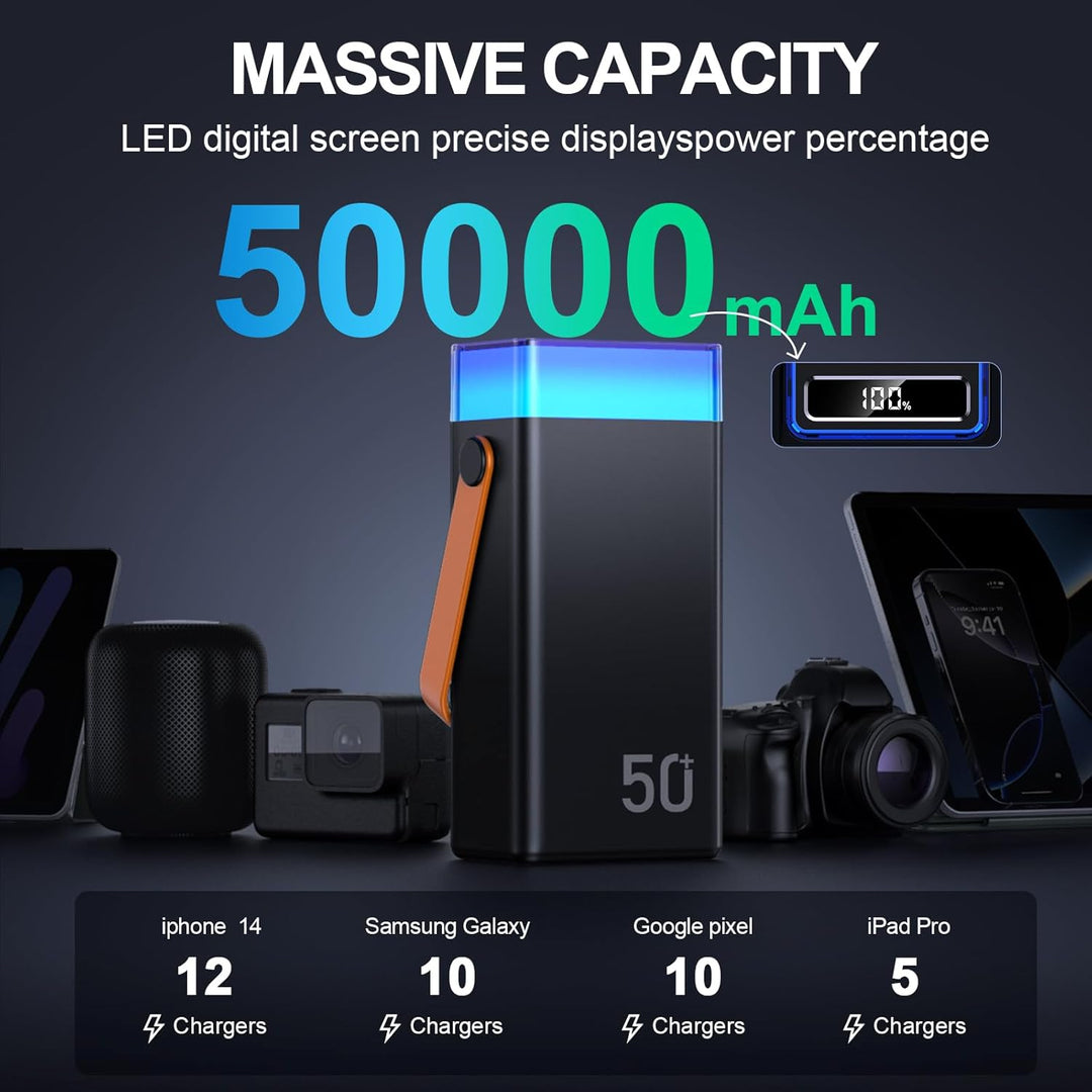 Powerbank 50000mAh mit Kabel, 22,5W PD USB-C Schnellladegerät, Externer Akku mit 3 integrierten Kabe