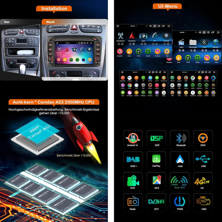 Erisin 7 Zoll 8-Kern 4GB+64GB Android 14 Autoradio Bluetooth GPS Navigation für Mercedes W209 W203 A