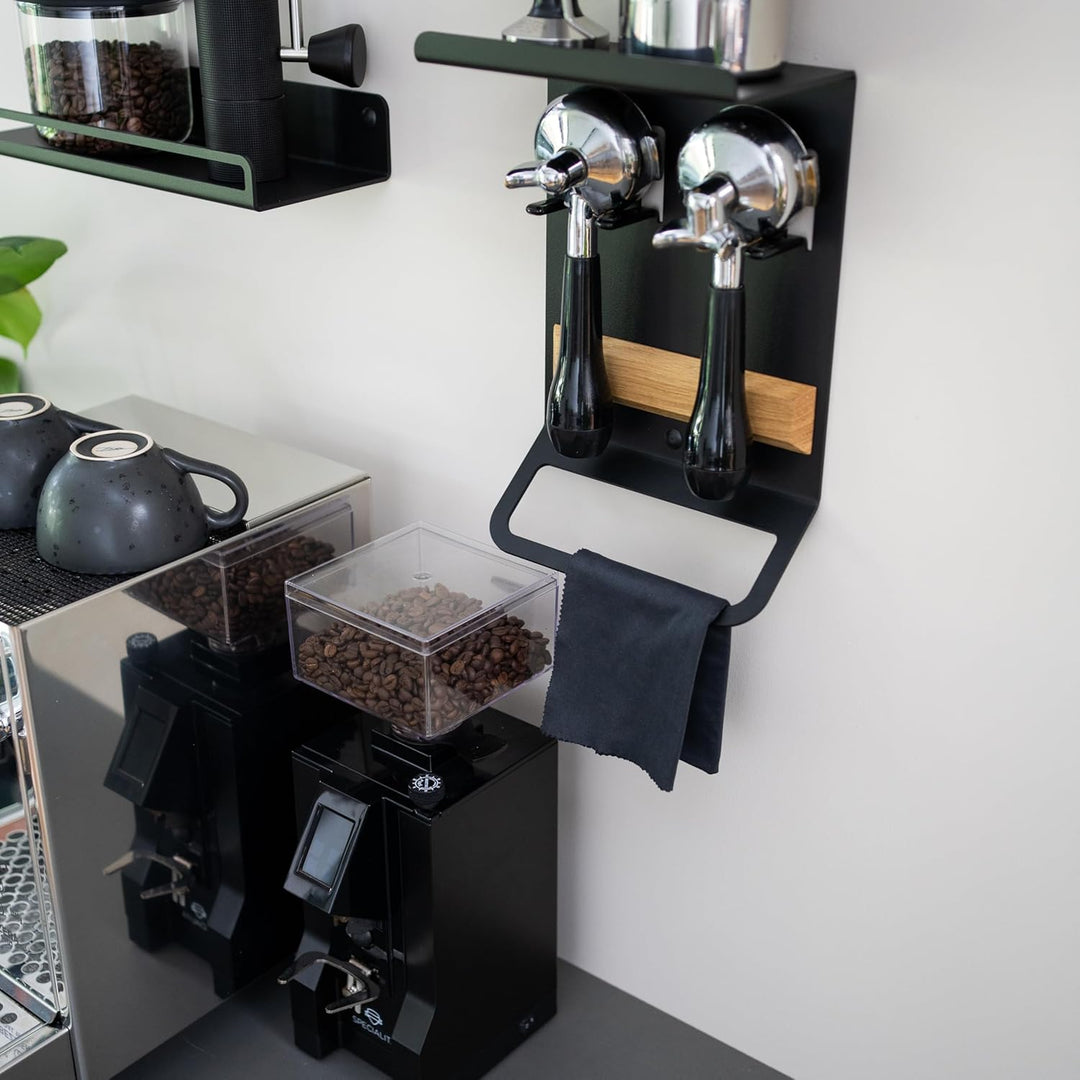 FLATE® Barista Rack Mini: Kompaktes Wandregal für Barista Zubehör mit Siebträgerhalter (Schwarz), Sc