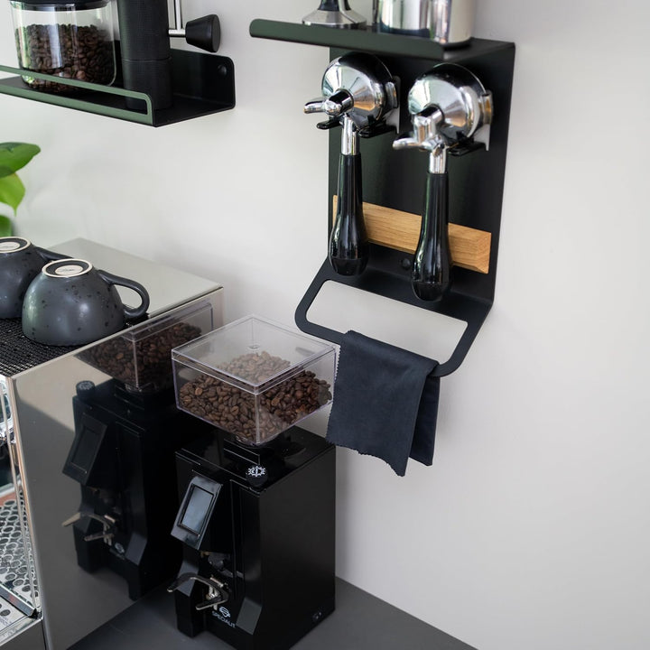 FLATE® Barista Rack Mini: Kompaktes Wandregal für Barista Zubehör mit Siebträgerhalter (Schwarz), Sc