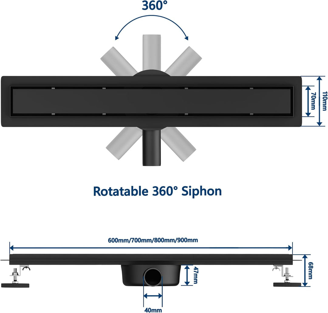 Neodrain Duschrinne 80cm Edelstahl Bodenablauf - 2 in 1 Duschablauf Flach Schwarz mit 360° Siphon, G