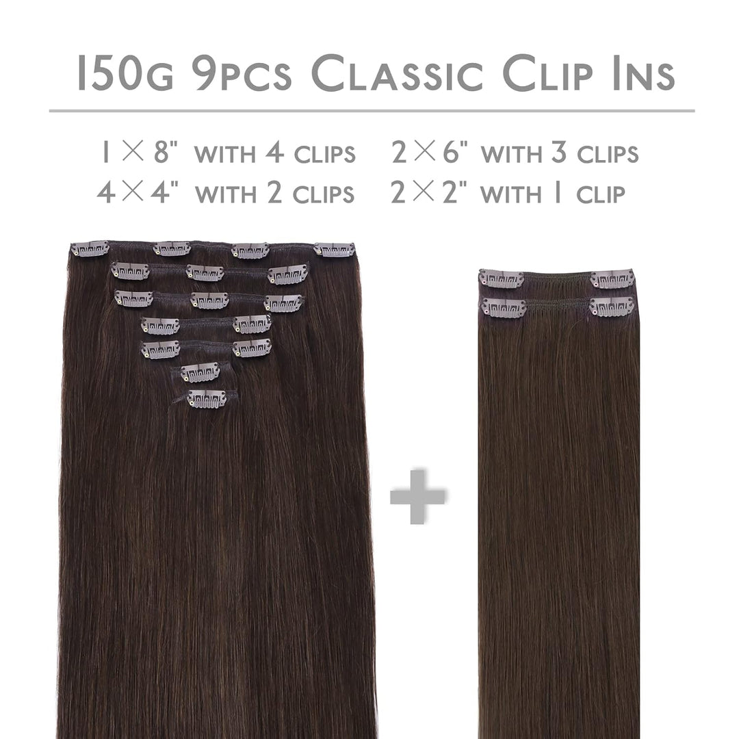 WENNALIFE Haarverlängerung mit Clip, Naturhaar, 150 g, 35 cm, 9 Stück, Dunkelbraun, Hellbraun, Exten