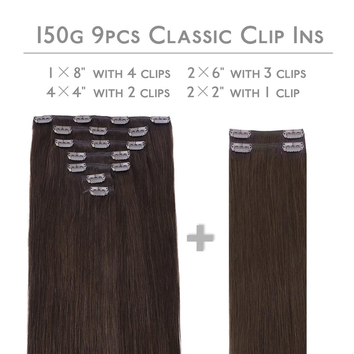 WENNALIFE Haarverlängerung mit Clip, Naturhaar, 150 g, 35 cm, 9 Stück, Dunkelbraun, Hellbraun, Exten