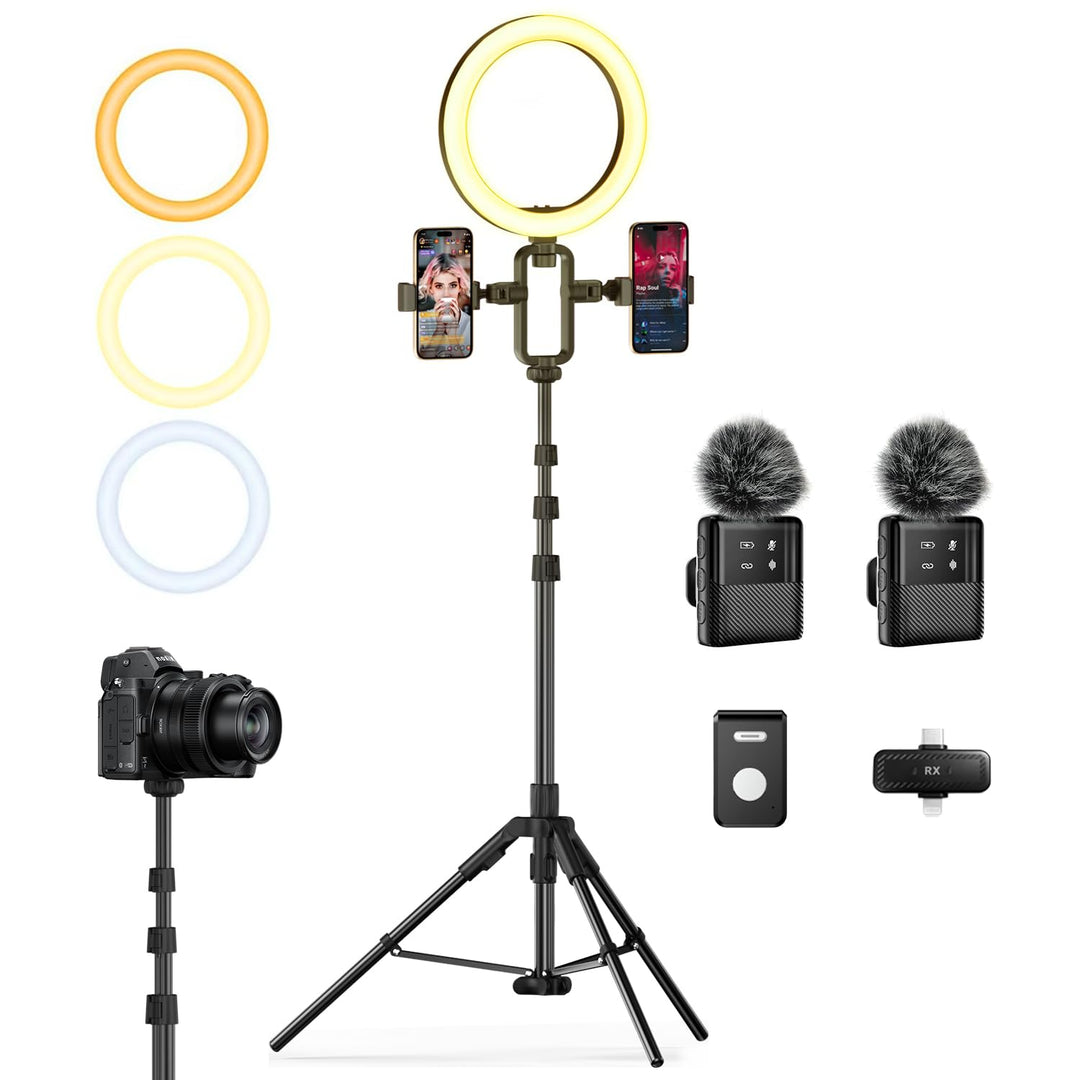 yAyusi Vlogging Kit für iPhone/Android, 198 cm Ausziehbares Stativ mit Magnetischem Mikrofon/Ringlic