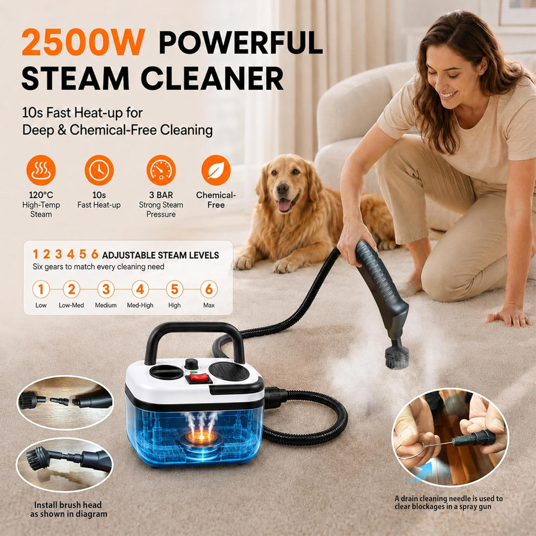 auvstar Dampfreiniger Handgerät 2500W, 6-stufig einstellbarer Handdampfreiniger, 1200ml Wassertank,