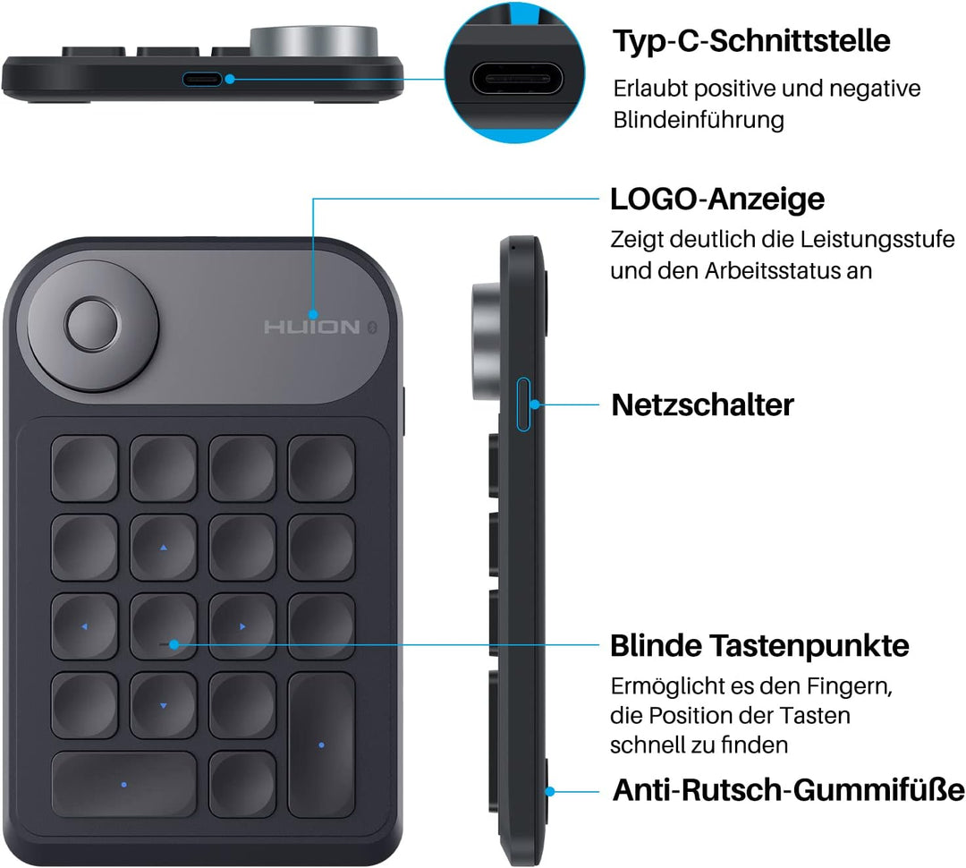 HUION Bluetooth 5.0 Keydial Mini K20, KD100 2.0 Kabellose Tastatur mit Dial Controller + 18 Benutzer