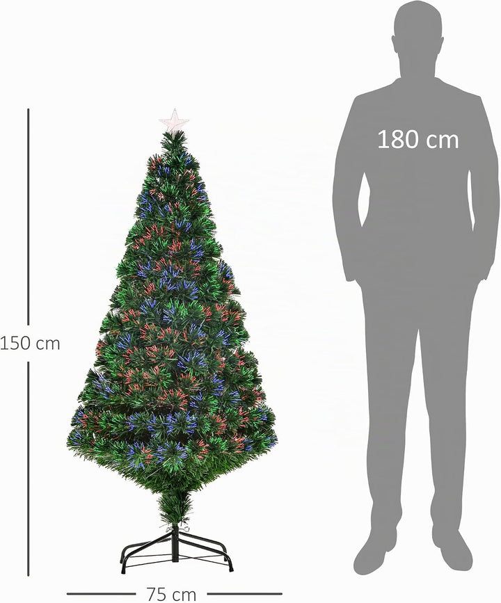 HOMCOM Künstlicher Weihnachtsbaum 150 cm mit Glasfaser künstlich Tannenbaum mit LED Beleuchtung, 180