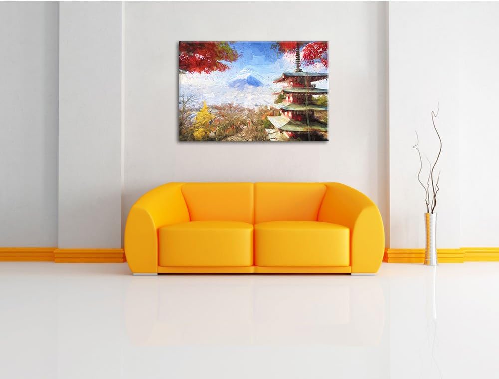 Pixxprint Japanischer Tempel im Herbst Pinsel Effekt, Format: 100x70 auf Leinwand, 100x70