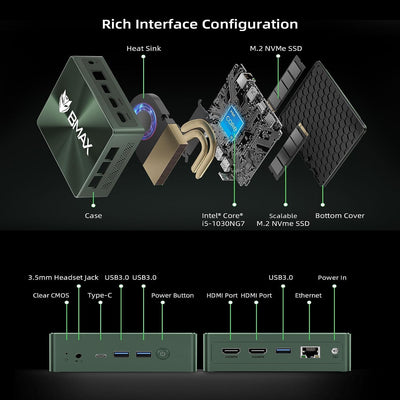 BMAX B6 Pro Mini PC i5-1030NG7 16 GB LPDDR4 RAM/512 GB NVMe SSD Mini-Desktop-Computer WiFi5 4K/60 Hz
