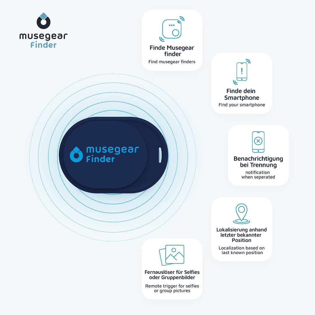 musegear Schlüsselfinder Mini mit Bluetooth App I Keyfinder laut für Handy im 3er Pack: dunkelblau,