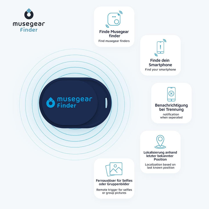 musegear Schlüsselfinder Mini mit Bluetooth App I Keyfinder laut für Handy in dunkelblau 2er Pack I